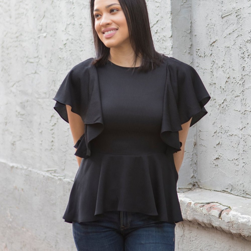 Black Short Sleeve Blouse with Ruffle Details